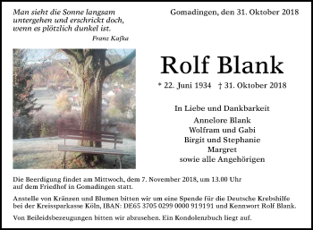 Anzeige von Rolf Blank von Reutlinger General-Anzeiger