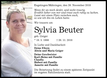 Anzeige von Sylvia Beuter von Reutlinger General-Anzeiger