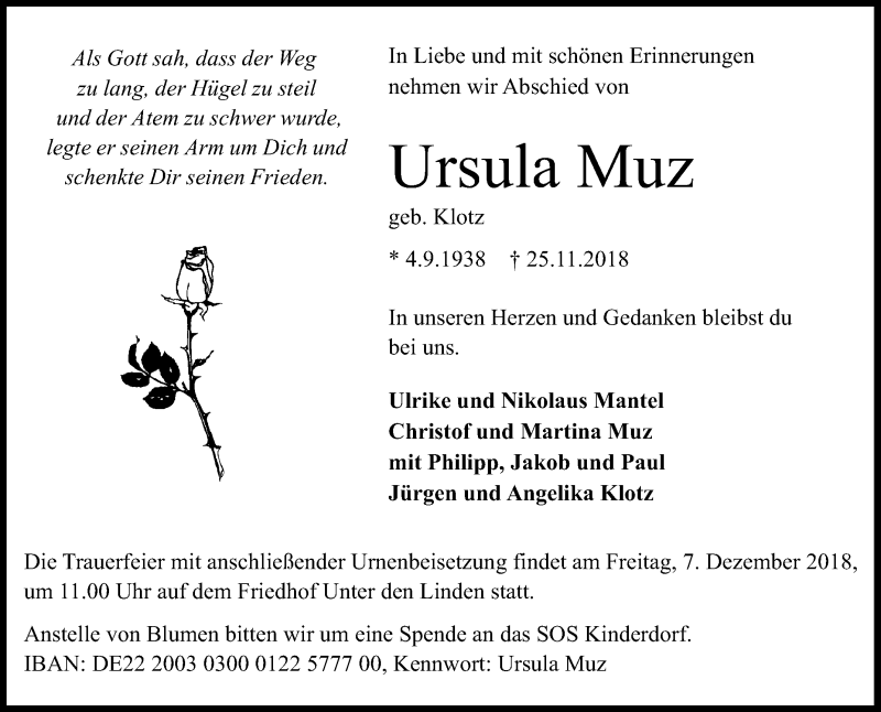 Traueranzeige für Ursula Muz vom 28.11.2018 aus Reutlinger General-Anzeiger