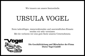 Anzeige von Ursula Vogel von Reutlinger General-Anzeiger