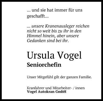 Anzeige von Ursula Vogel von Reutlinger General-Anzeiger