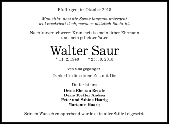 Anzeige von Walter Saur von Reutlinger General-Anzeiger