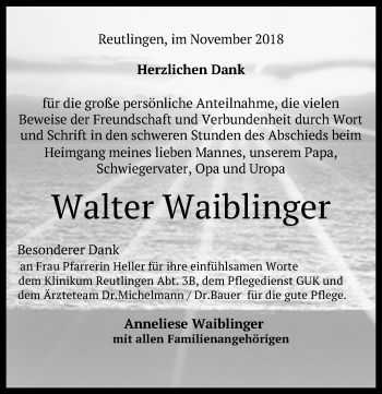 Anzeige von Walter Waiblinger von Reutlinger General-Anzeiger
