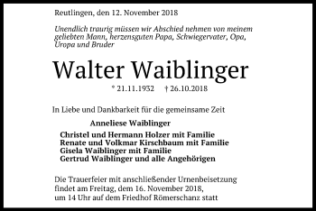 Anzeige von Walter Waiblinger von Reutlinger General-Anzeiger
