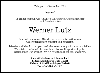 Anzeige von Werner Lutz von Reutlinger General-Anzeiger