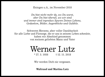 Anzeige von Werner Lutz von Reutlinger General-Anzeiger