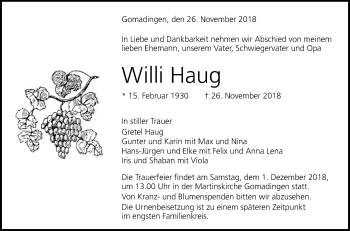 Anzeige von Willi Haug von Reutlinger General-Anzeiger