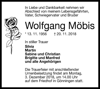 Anzeige von Wolfgang Möbis von Reutlinger General-Anzeiger