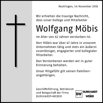 Anzeige von Wolfgang Möbis von Reutlinger General-Anzeiger