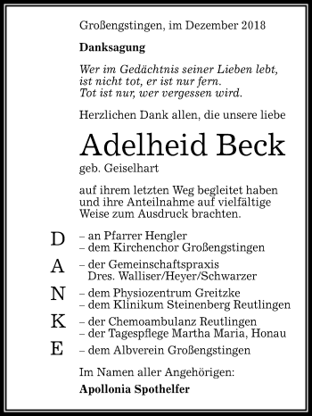 Anzeige von Adelheid Beck von Reutlinger General-Anzeiger