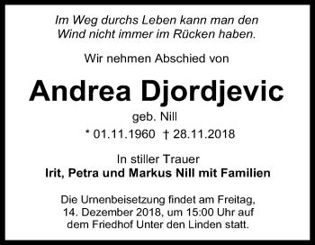 Anzeige von Andrea Djordjevic von Reutlinger General-Anzeiger