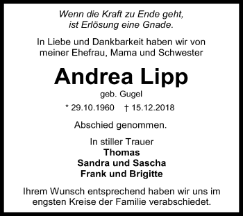 Anzeige von Andrea Lipp von Reutlinger General-Anzeiger
