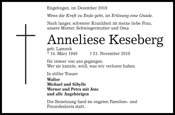 Anzeige von Anneliese Keseberg von Reutlinger General-Anzeiger