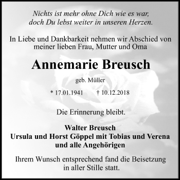 Anzeige von Annemarie Breusch von Reutlinger General-Anzeiger
