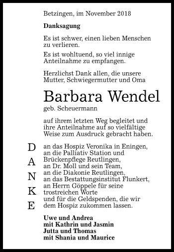 Anzeige von Barbara Wendel von Reutlinger General-Anzeiger