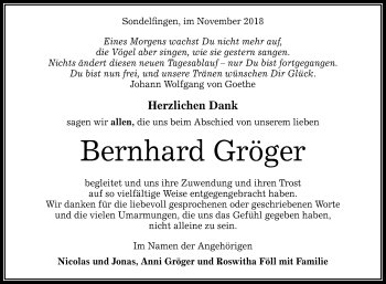 Anzeige von Bernhard Gröger von Reutlinger General-Anzeiger