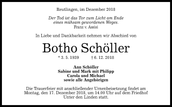 Anzeige von Botho Schöller von Reutlinger General-Anzeiger