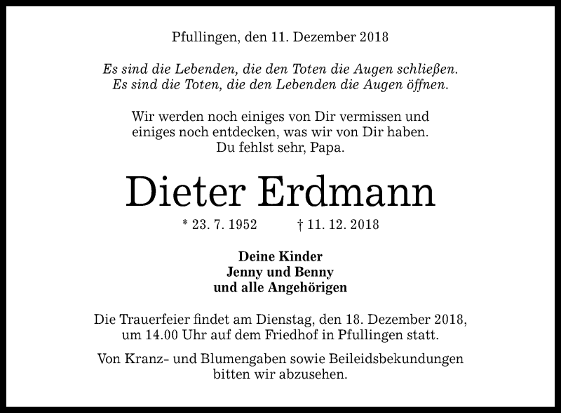  Traueranzeige für Dieter Erdmann vom 15.12.2018 aus Reutlinger General-Anzeiger