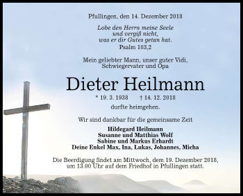 Anzeige von Dieter Heilmann von Reutlinger General-Anzeiger
