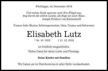 Anzeige von Elisabeth Lutz von Reutlinger General-Anzeiger