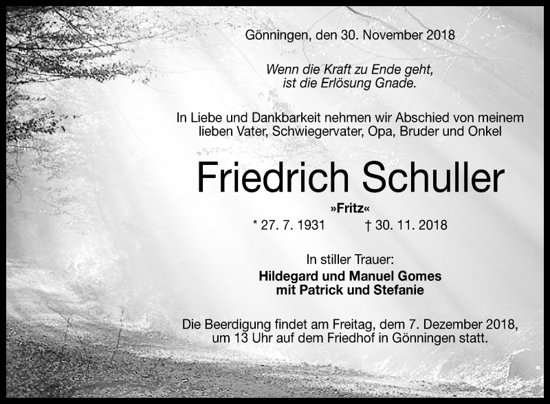  Traueranzeige für Friedrich Schuller vom 04.12.2018 aus Reutlinger General-Anzeiger