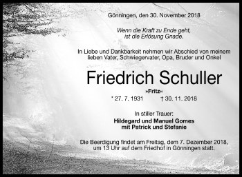 Anzeige von Friedrich Schuller von Reutlinger General-Anzeiger