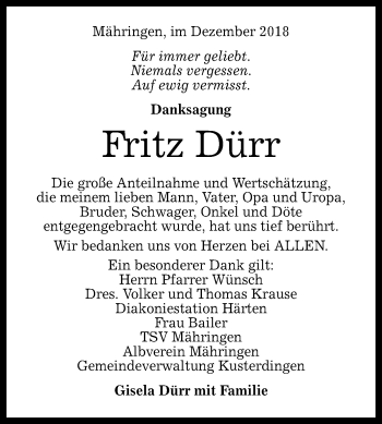 Anzeige von Fritz Dürr von Reutlinger General-Anzeiger