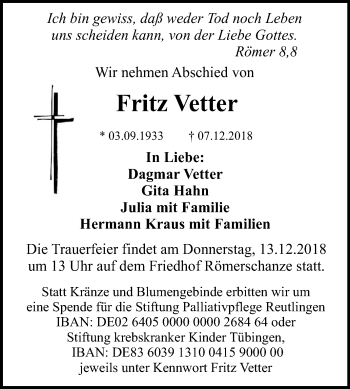 Anzeige von Fritz Vetter von Reutlinger General-Anzeiger