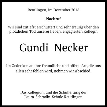 Anzeige von Gundula Necker von Reutlinger General-Anzeiger