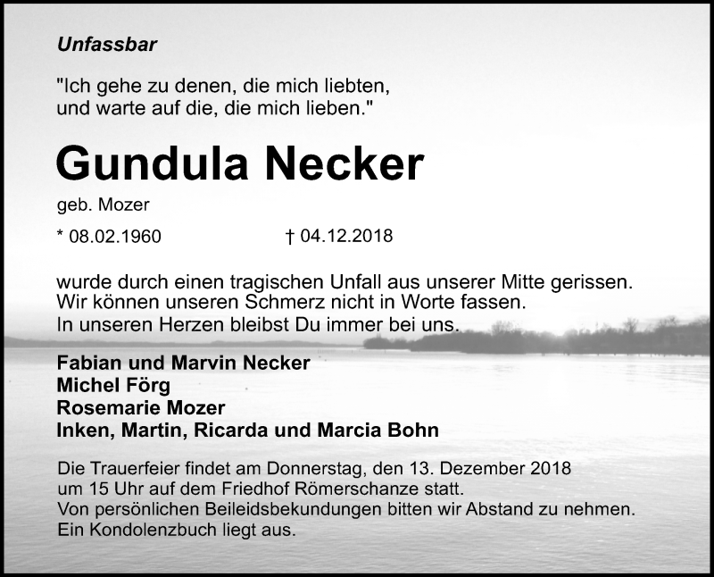  Traueranzeige für Gundula Necker vom 11.12.2018 aus Reutlinger General-Anzeiger