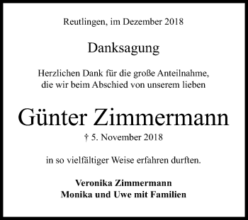 Anzeige von Günter Zimmermann von Reutlinger General-Anzeiger