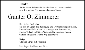 Anzeige von Günter O. Zimmerer von Reutlinger General-Anzeiger