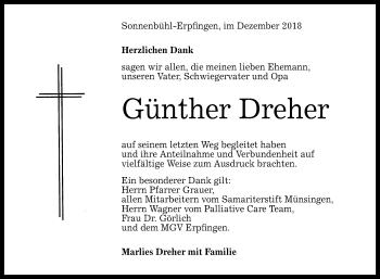 Anzeige von Günther Dreher von Reutlinger General-Anzeiger