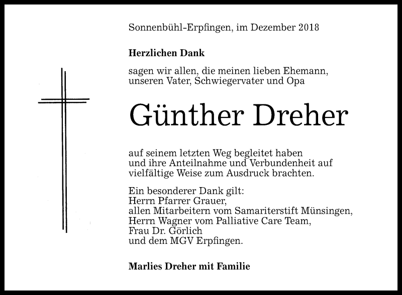  Traueranzeige für Günther Dreher vom 14.12.2018 aus Reutlinger General-Anzeiger