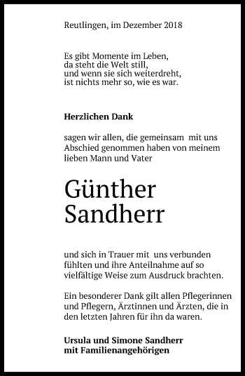 Anzeige von Günther Sandherr von Reutlinger General-Anzeiger