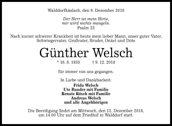 Anzeige von Günther Welsch von Reutlinger General-Anzeiger