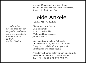 Anzeige von Heide Ankele von Reutlinger General-Anzeiger
