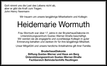 Anzeige von Heidemarie Wormuth von Reutlinger General-Anzeiger