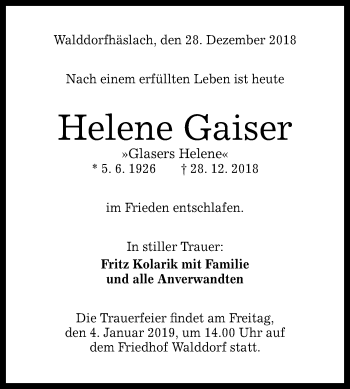 Anzeige von Helene Gaiser von Reutlinger General-Anzeiger