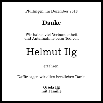 Anzeige von Helmut Ilg von Reutlinger General-Anzeiger