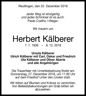Anzeige von Herbert Kälberer von Reutlinger General-Anzeiger