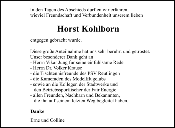 Anzeige von Horst Kohlborn von Reutlinger General-Anzeiger