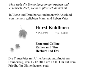 Anzeige von Horst Kohlborn von Reutlinger General-Anzeiger