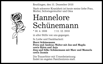 Anzeige von Horst Schünemann von Reutlinger General-Anzeiger