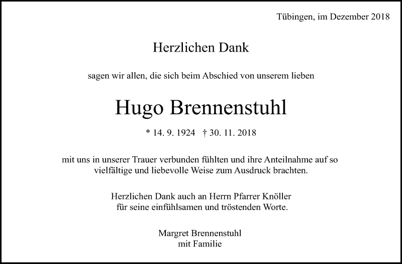  Traueranzeige für Hugo Brennenstuhl vom 19.12.2018 aus Reutlinger General-Anzeiger