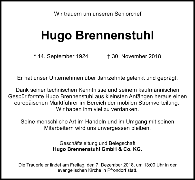  Traueranzeige für Hugo Brennenstuhl vom 07.12.2018 aus Reutlinger General-Anzeiger