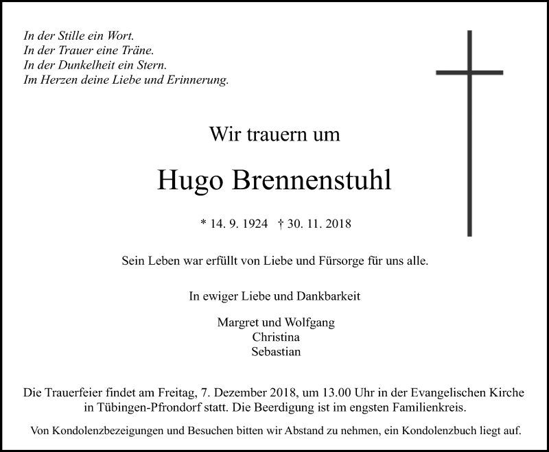  Traueranzeige für Hugo Brennenstuhl vom 04.12.2018 aus Reutlinger General-Anzeiger
