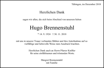 Anzeige von Hugo Brennenstuhl von Reutlinger General-Anzeiger