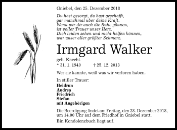 Anzeige von Irmgard Walker von Reutlinger General-Anzeiger