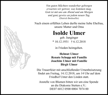 Anzeige von Isolde Ulmer von Reutlinger General-Anzeiger